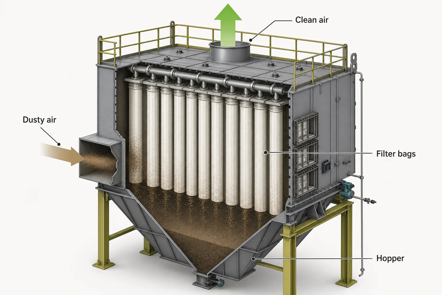 Dust collector filter bags installed inside an industrial baghouse dust collector with pulse jet cleaning