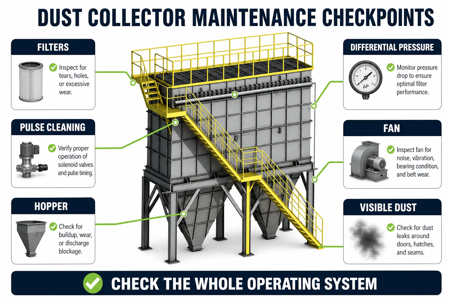 Dust collector maintenance checkpoints for filters differential pressure pulse cleaning hopper fan and visible emissions