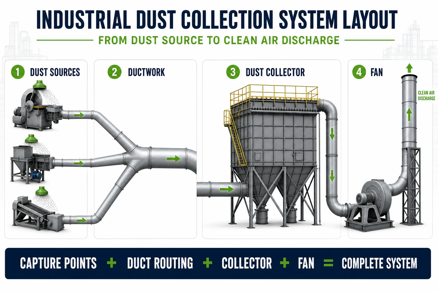Industrial dust collection system design layout showing dust sources ductwork dust collector fan and clean air discharge