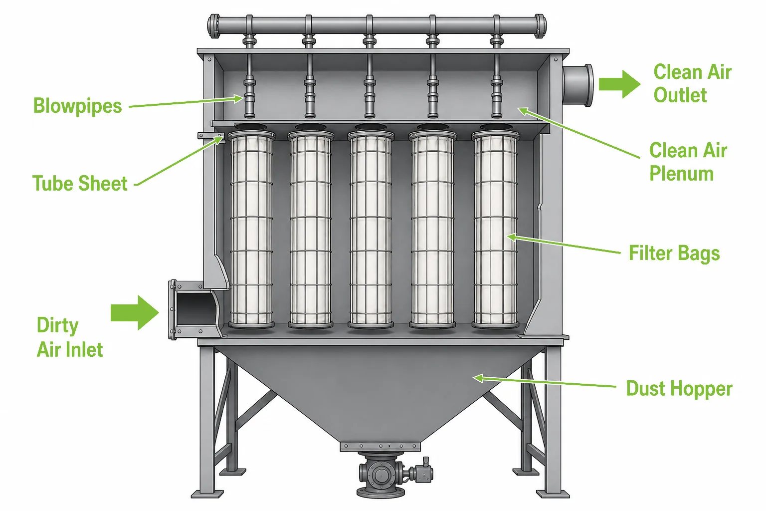 Pulse jet baghouse structure with dirty air inlet filter bags blowpipes clean air plenum and dust hopper