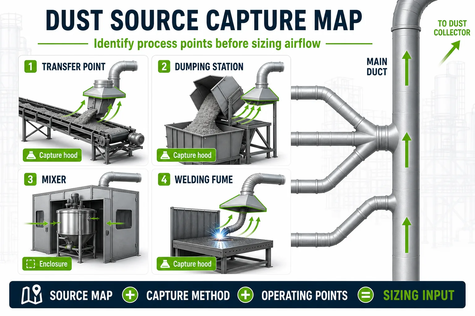 Dust source and capture point map for industrial dust collection system design with hoods enclosures and ducts