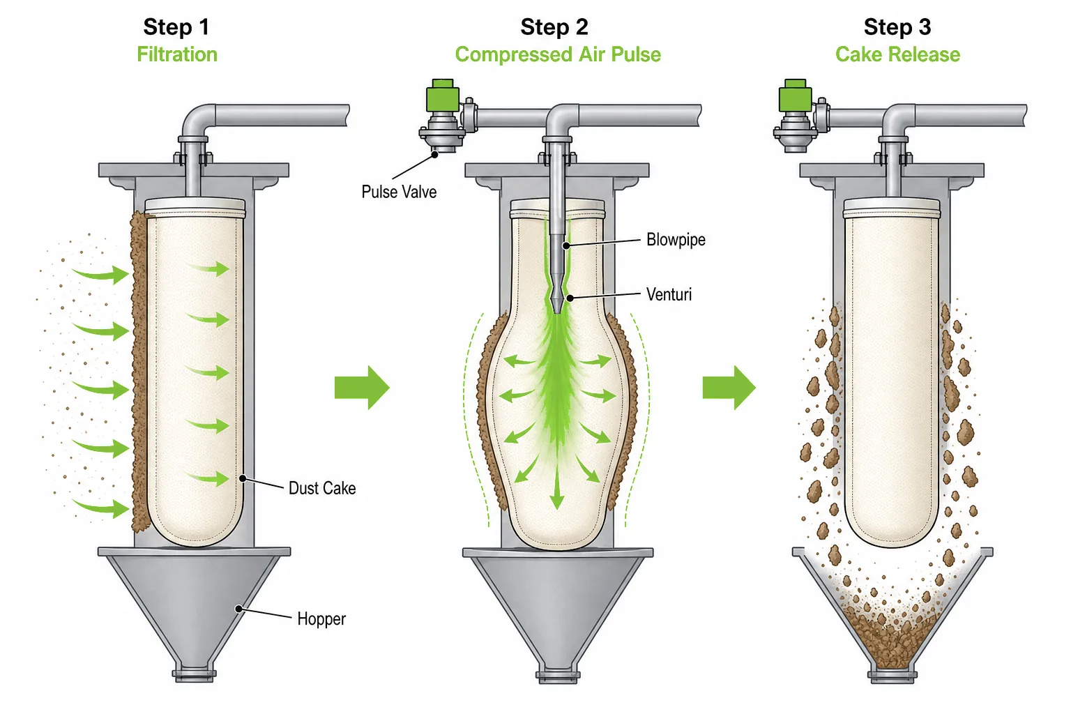 Pulse jet cleaning sequence with pulse valve blowpipe venturi and dust cake released from filter bag into hopper