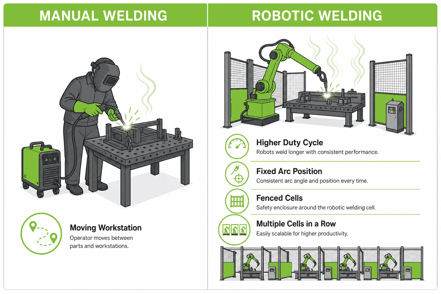 Robotic welding fume compared with manual welding showing higher duty cycle fixed arc position and enclosed cells