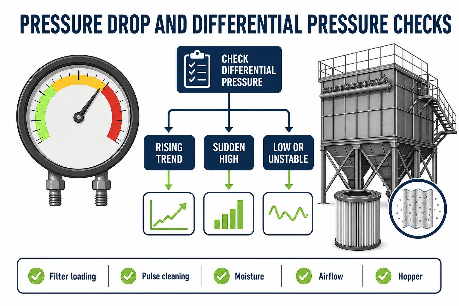 Dust collector pressure drop and differential pressure troubleshooting path for filter loading cleaning problems and airflow review