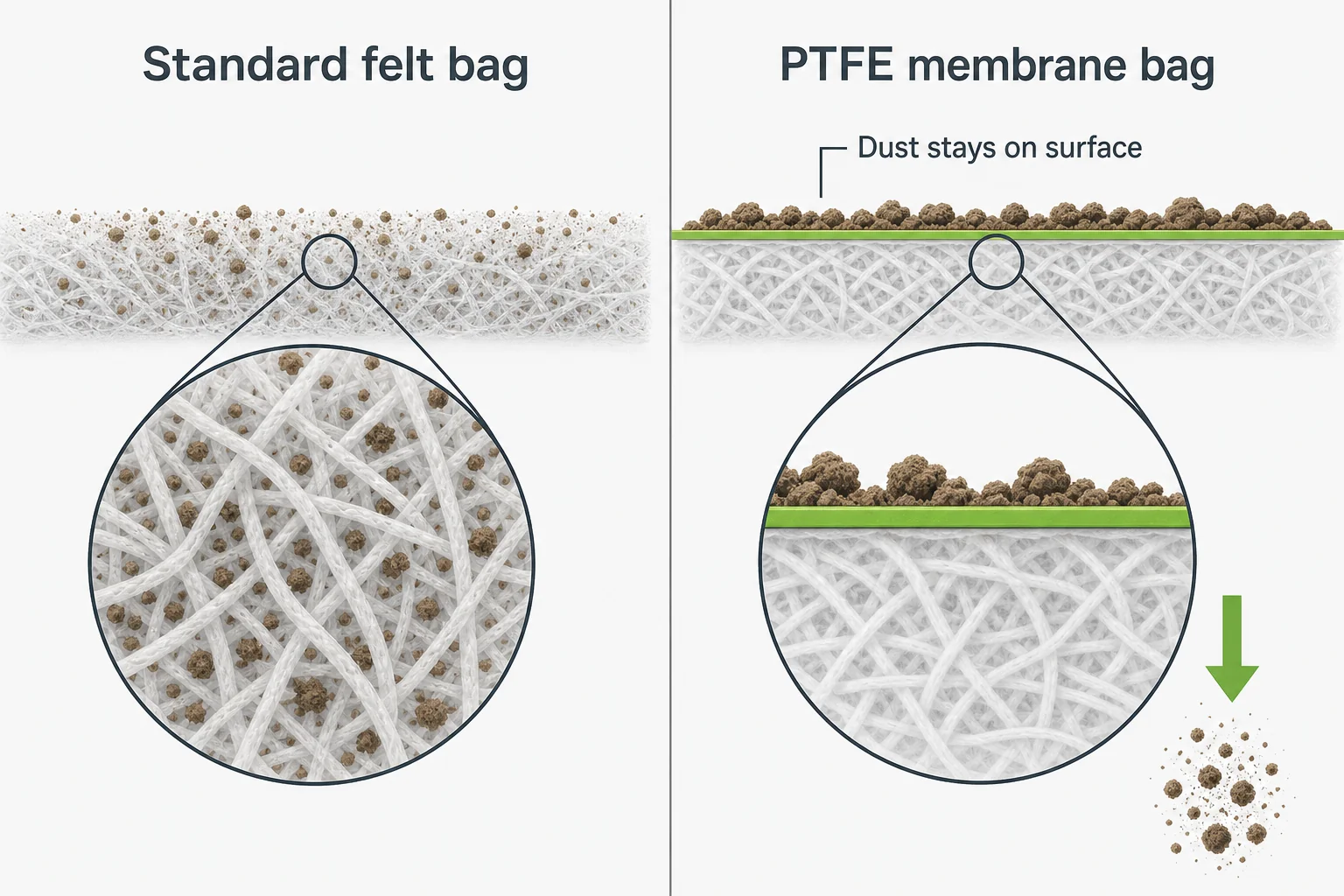 PTFE membrane filter bag structure showing surface filtration layer over needle felt compared with standard filter bag depth filtration