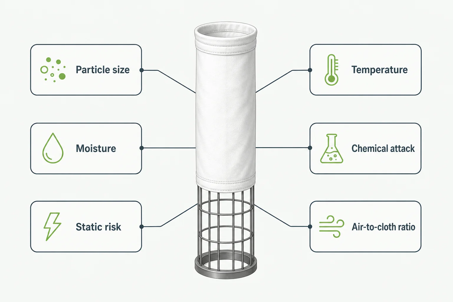 Dust properties affecting dust collector filter bag selection including particle size moisture temperature corrosion and static risk