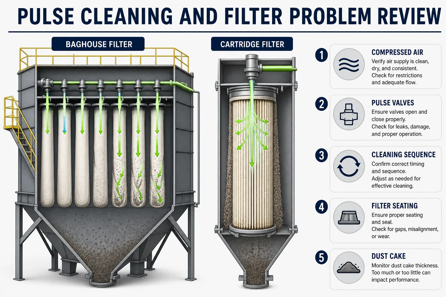 Pulse cleaning compressed air and filter problem troubleshooting for baghouse and cartridge dust collector maintenance