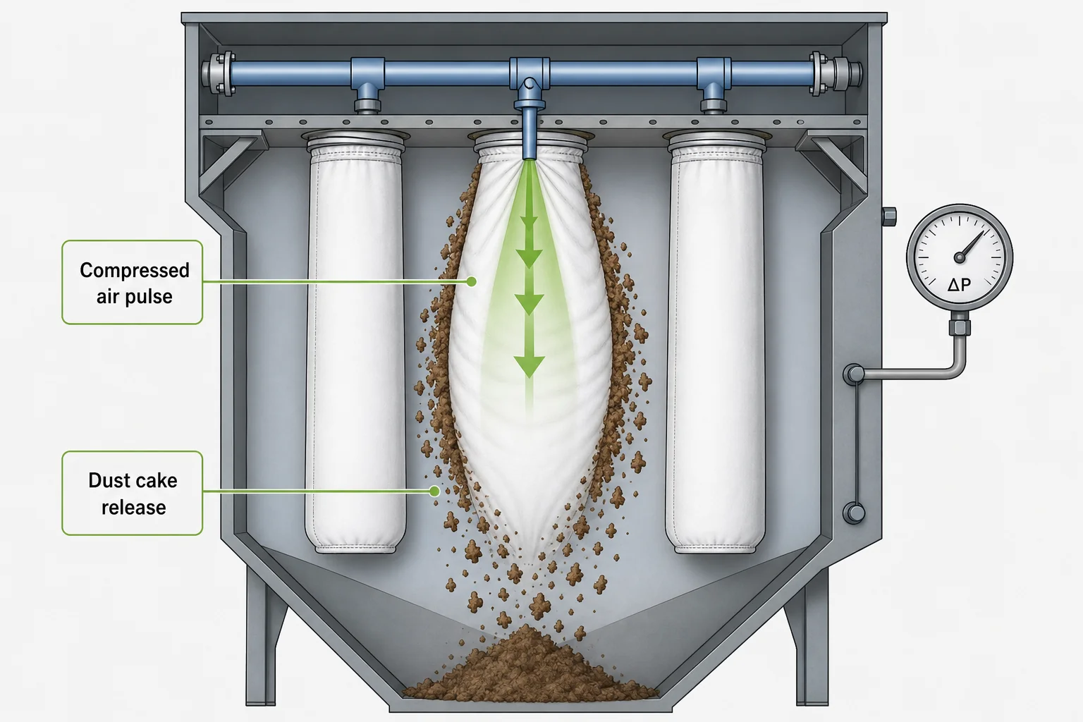 Pulse jet cleaning of dust collector filter bags showing compressed air pulse dust cake release and differential pressure monitoring