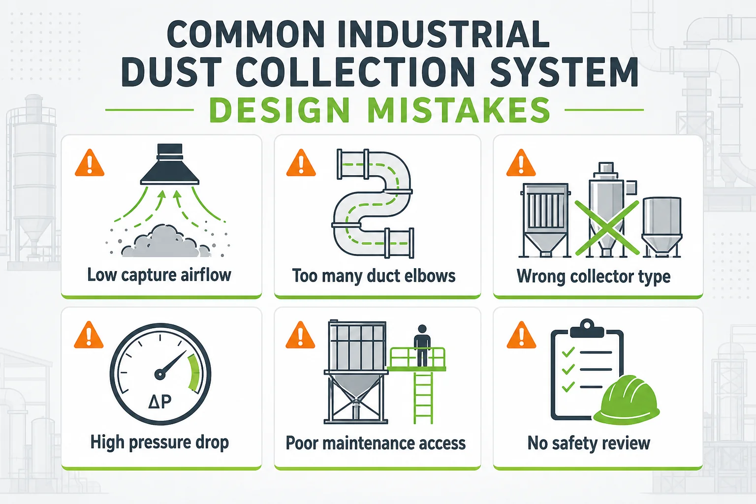 Common industrial dust collection system design mistakes including low airflow long ducts poor access and wrong collector type