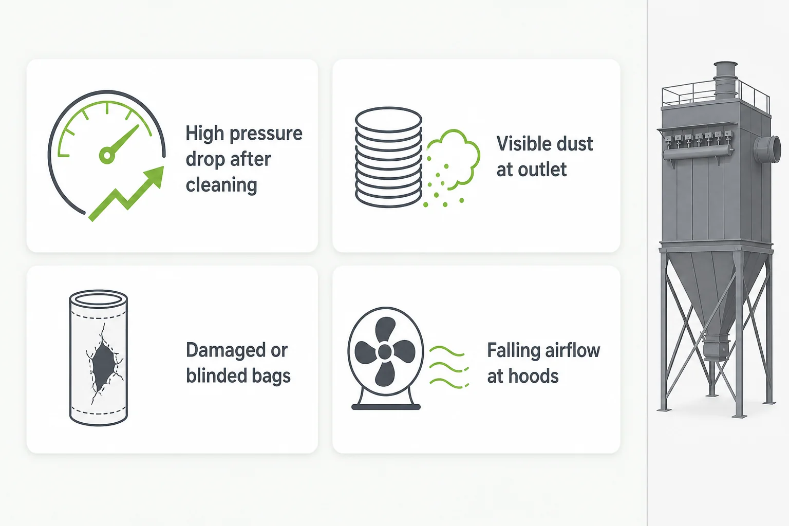 Dust collector bag replacement signals including high pressure drop after cleaning visible stack dust damaged bags and falling airflow