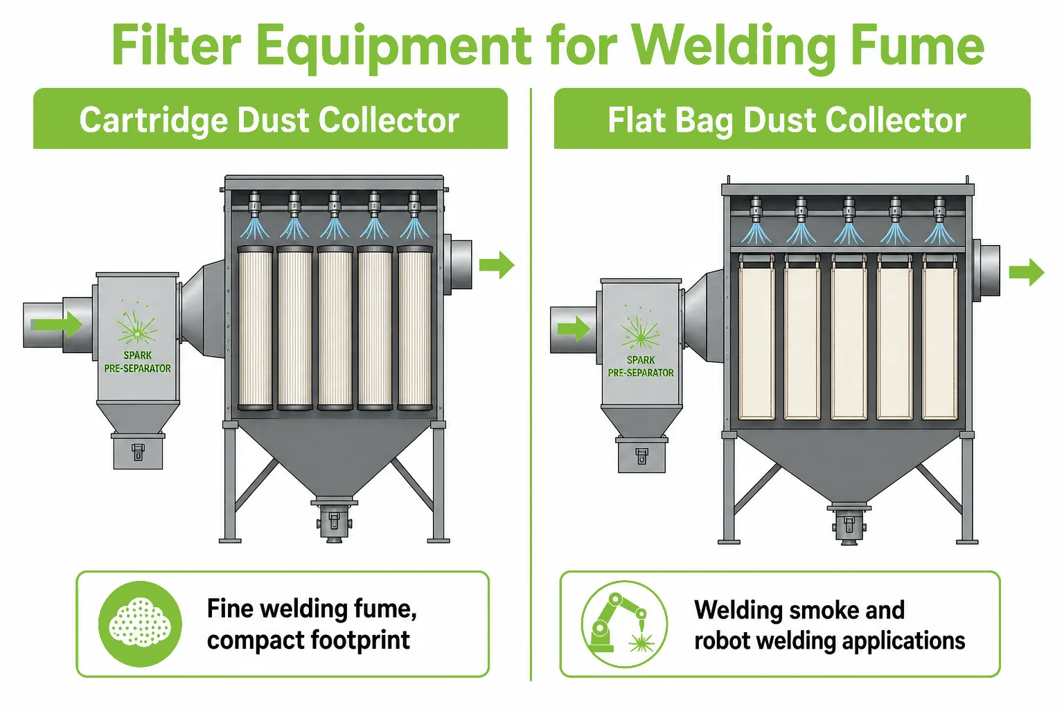 Filter equipment for welding fume comparing cartridge dust collector and flat bag dust collector with pulse jet cleaning