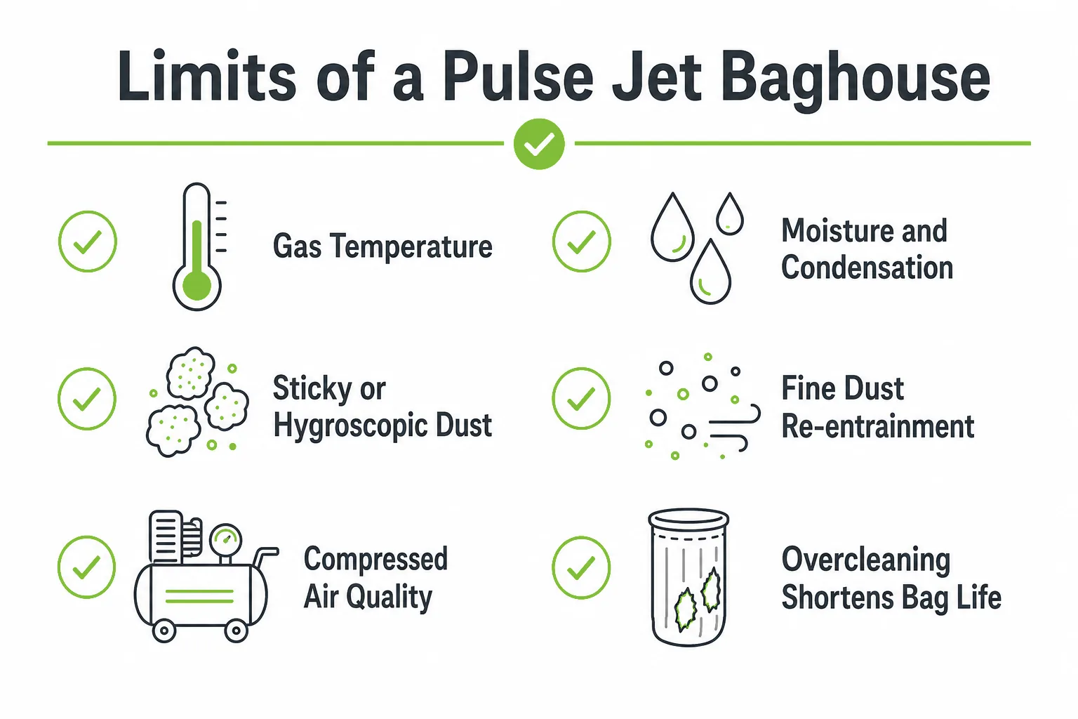 Limits of pulse jet baghouse designs including gas temperature moisture sticky dust fine dust and compressed air quality