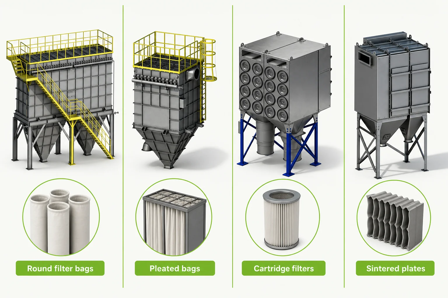 Comparison of dust collector filter bags pleated bags cartridge filters and sintered plate filter elements for industrial dust collection