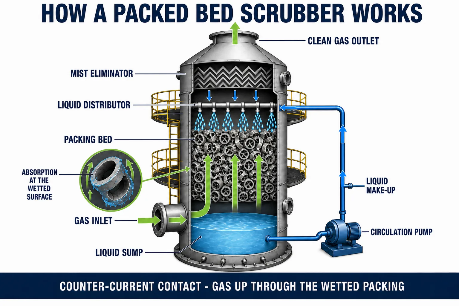Packed bed scrubber working principle with counter-current gas flow through wetted packing and liquid distribution