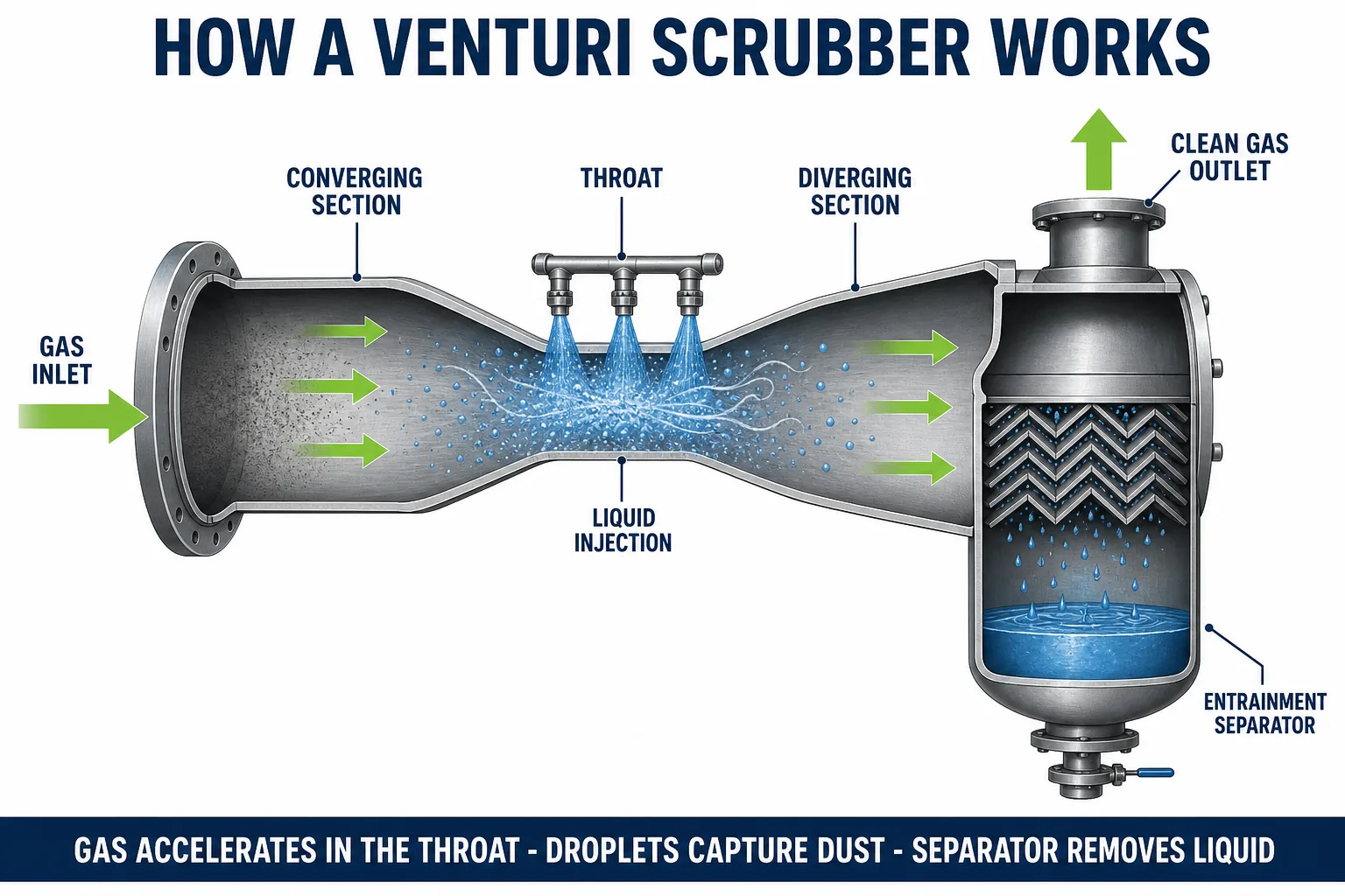 Venturi scrubber working principle with converging throat liquid injection diverging section and droplet separation