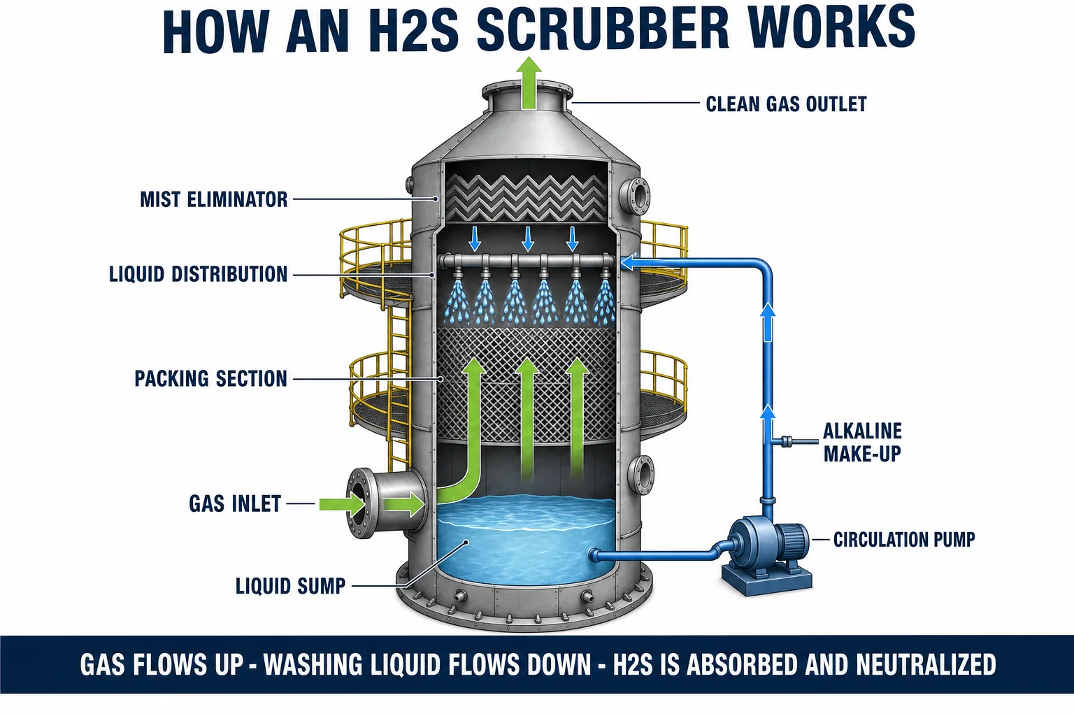 H2S scrubber working principle with gas inlet packing section washing liquid circulation and clean gas outlet