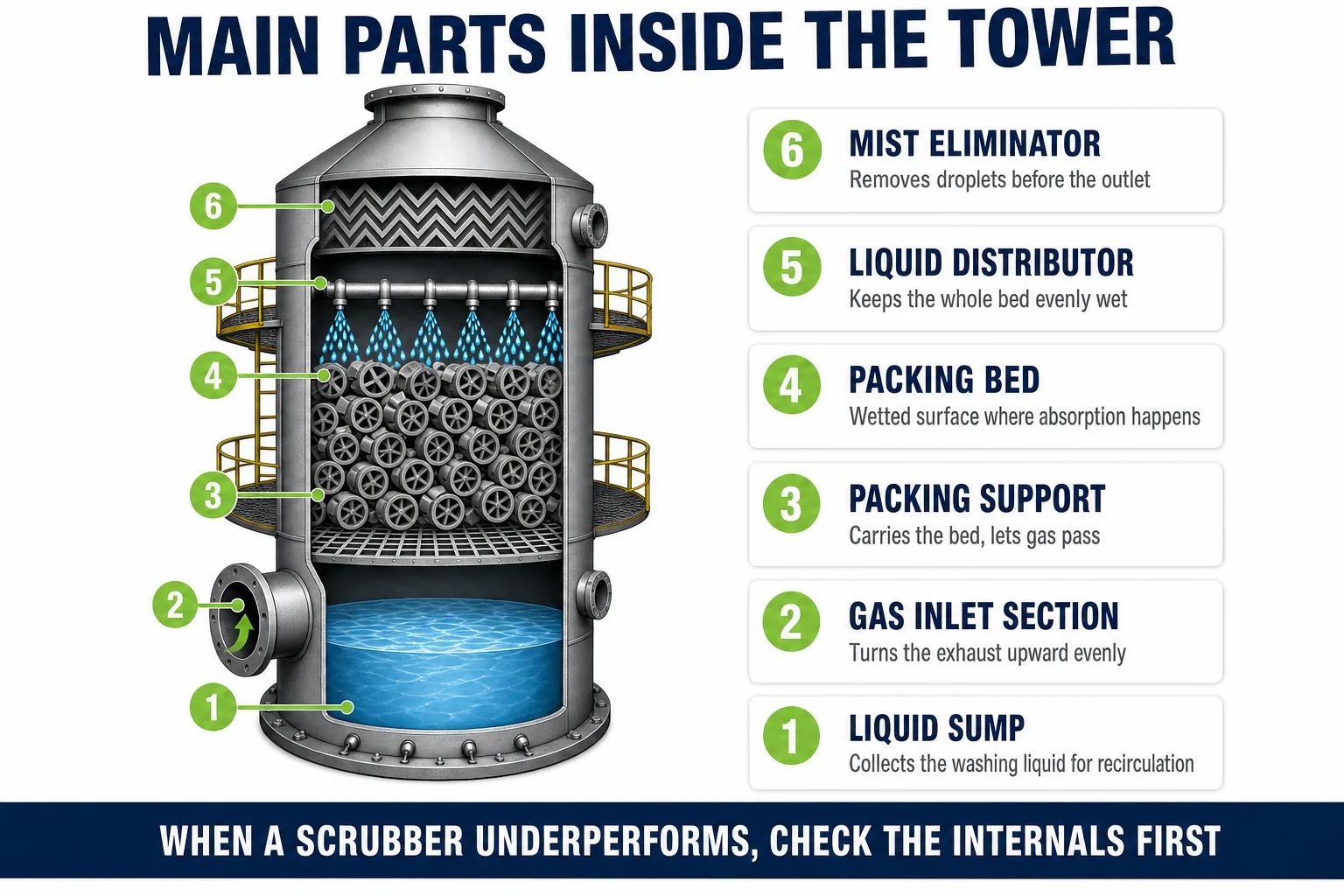 Packed bed scrubber tower internals including liquid sump packing support packing bed liquid distributor and mist eliminator