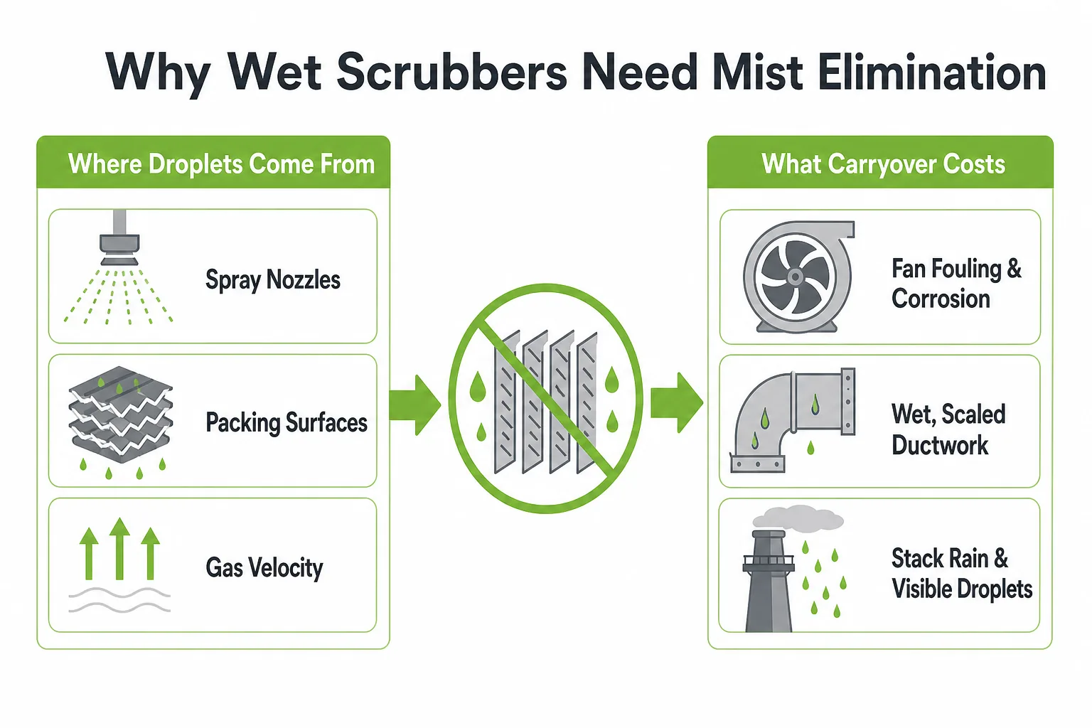 Why wet scrubbers need mist elimination showing droplet carryover sources and downstream consequences