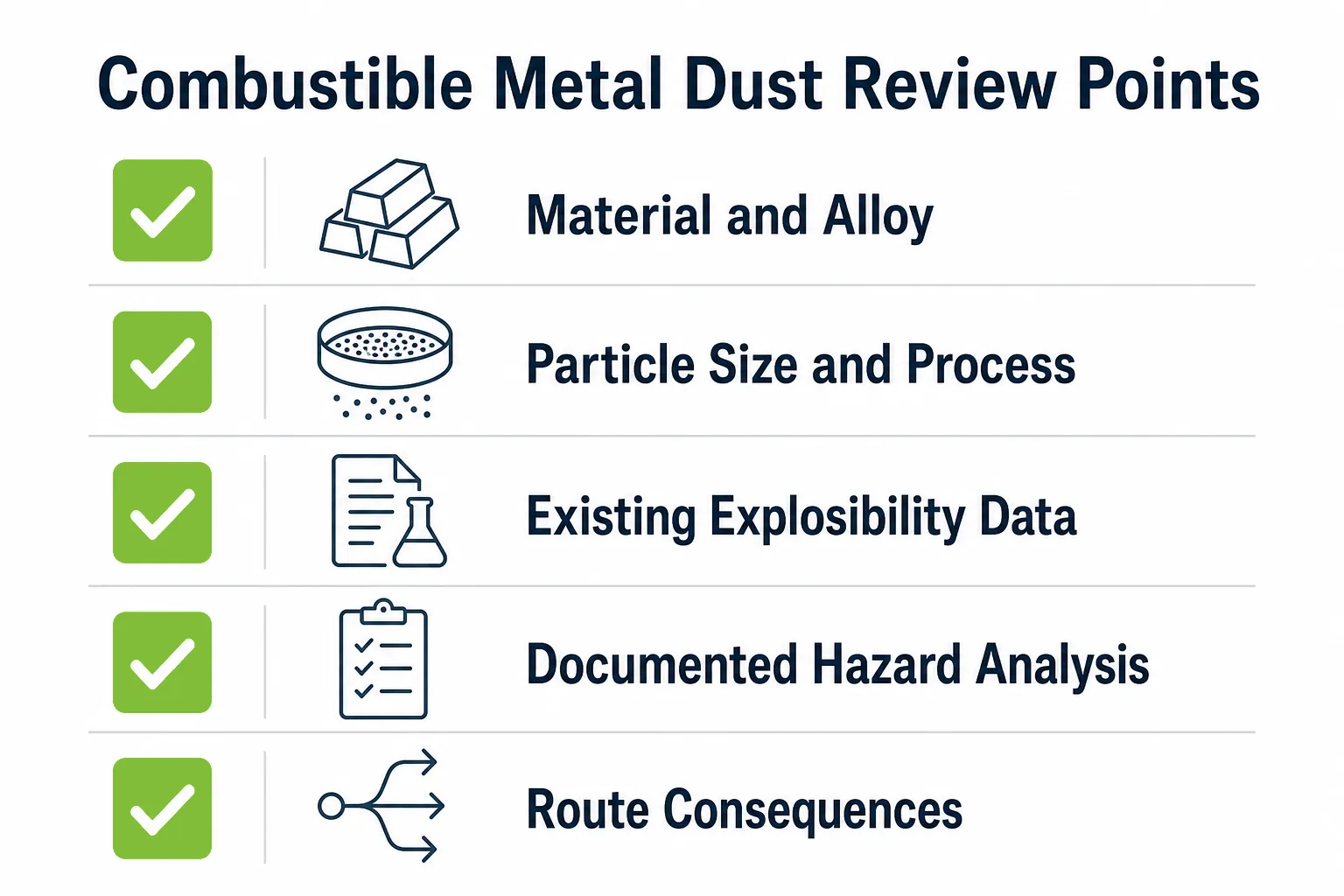 Combustible metal dust review points including material and alloy particle size process type and explosibility data