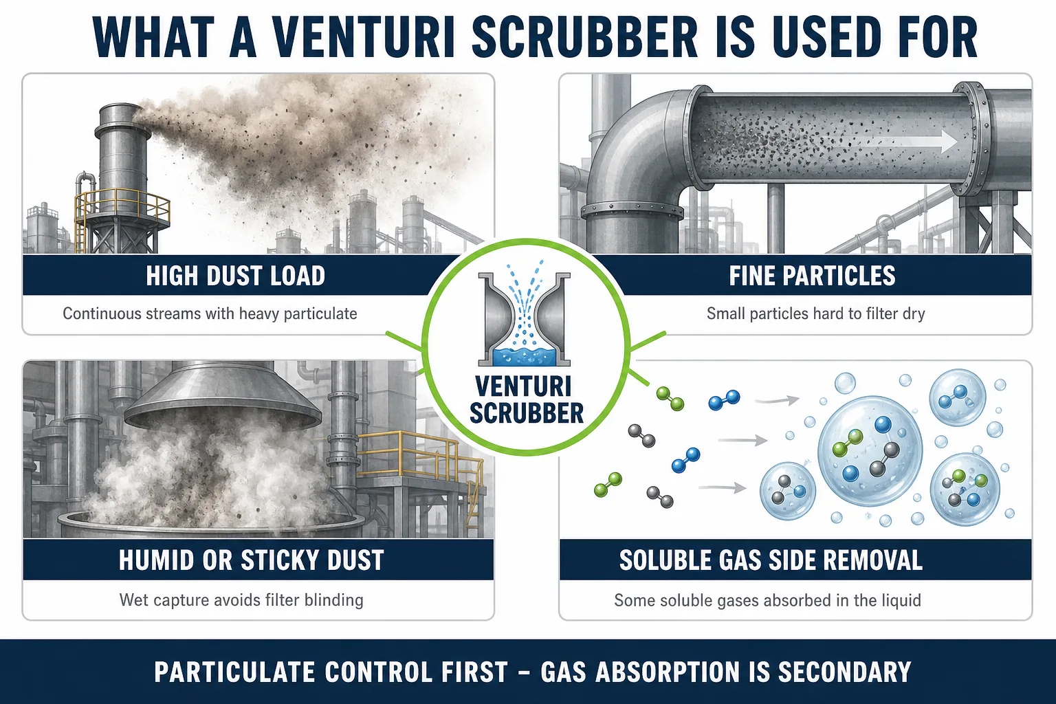 Venturi scrubber applications for high dust loads fine particles humid gas streams and soluble gas side removal