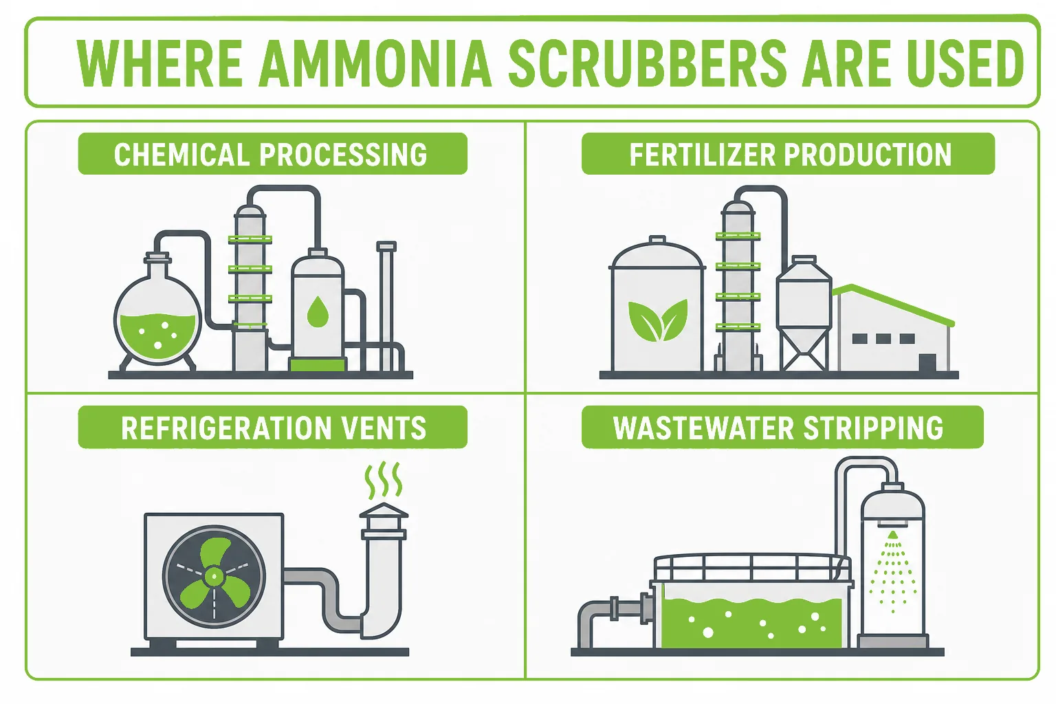 Ammonia scrubber applications in chemical processing fertilizer production refrigeration vents and wastewater stripping facilities