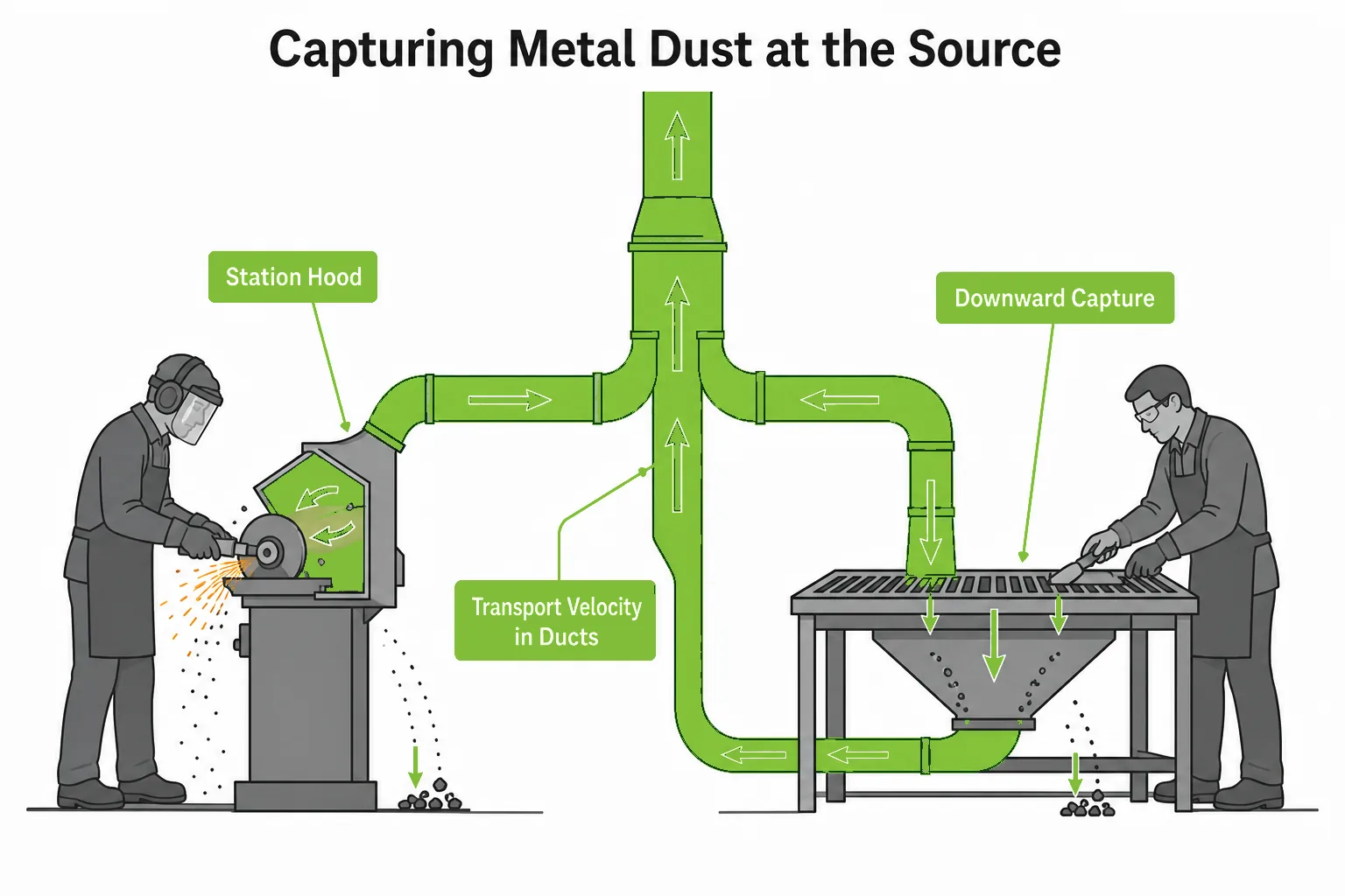 Capturing metal dust at the source with hoods enclosures and workstation capture connected to ductwork