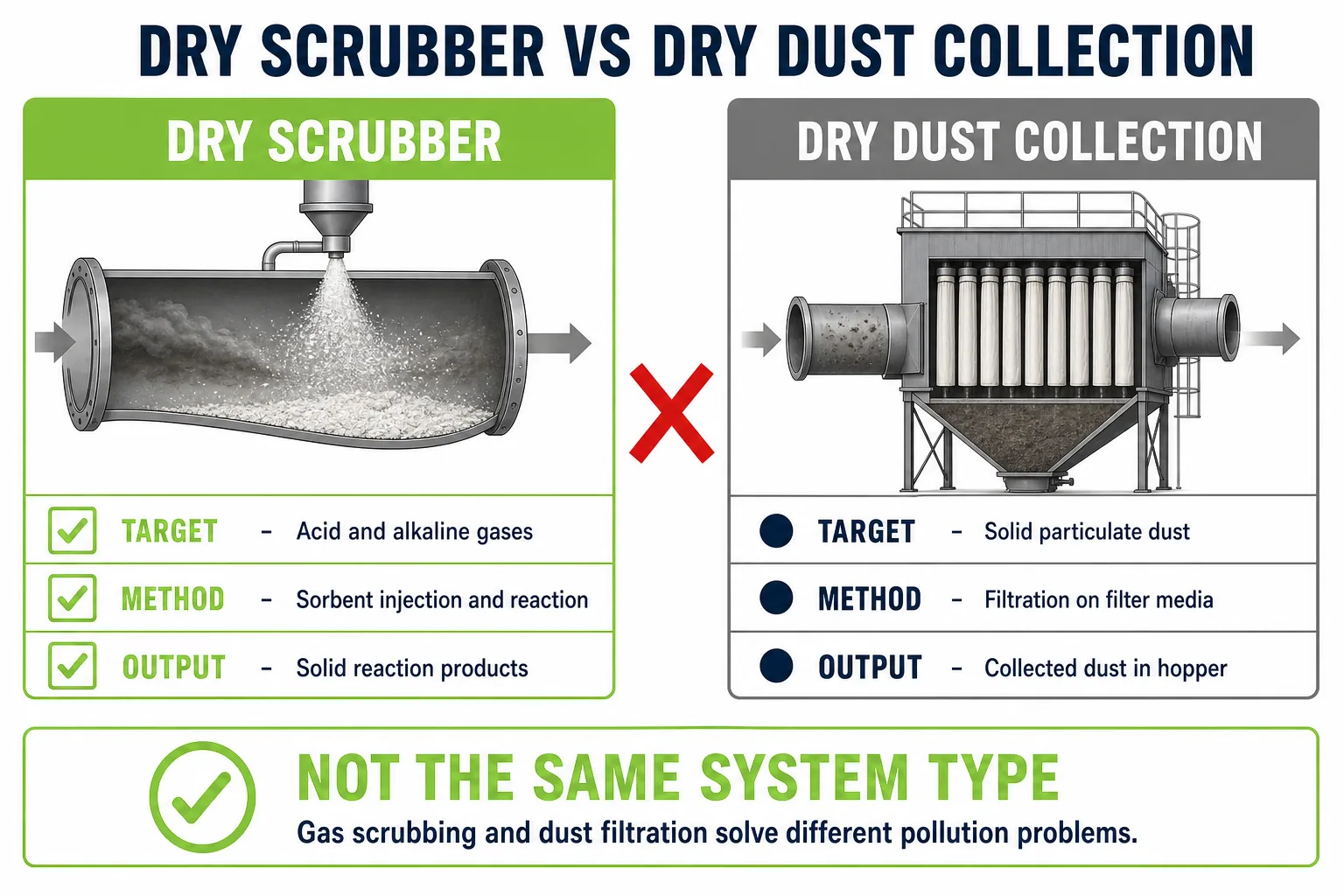 Dry scrubber compared with dry dust collection showing sorbent injection vs filter media capture