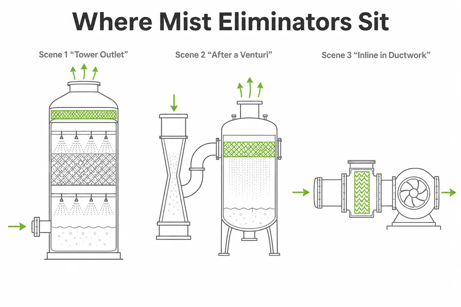Mist eliminator locations in a scrubber system including tower top outlet venturi separator and inline duct installation