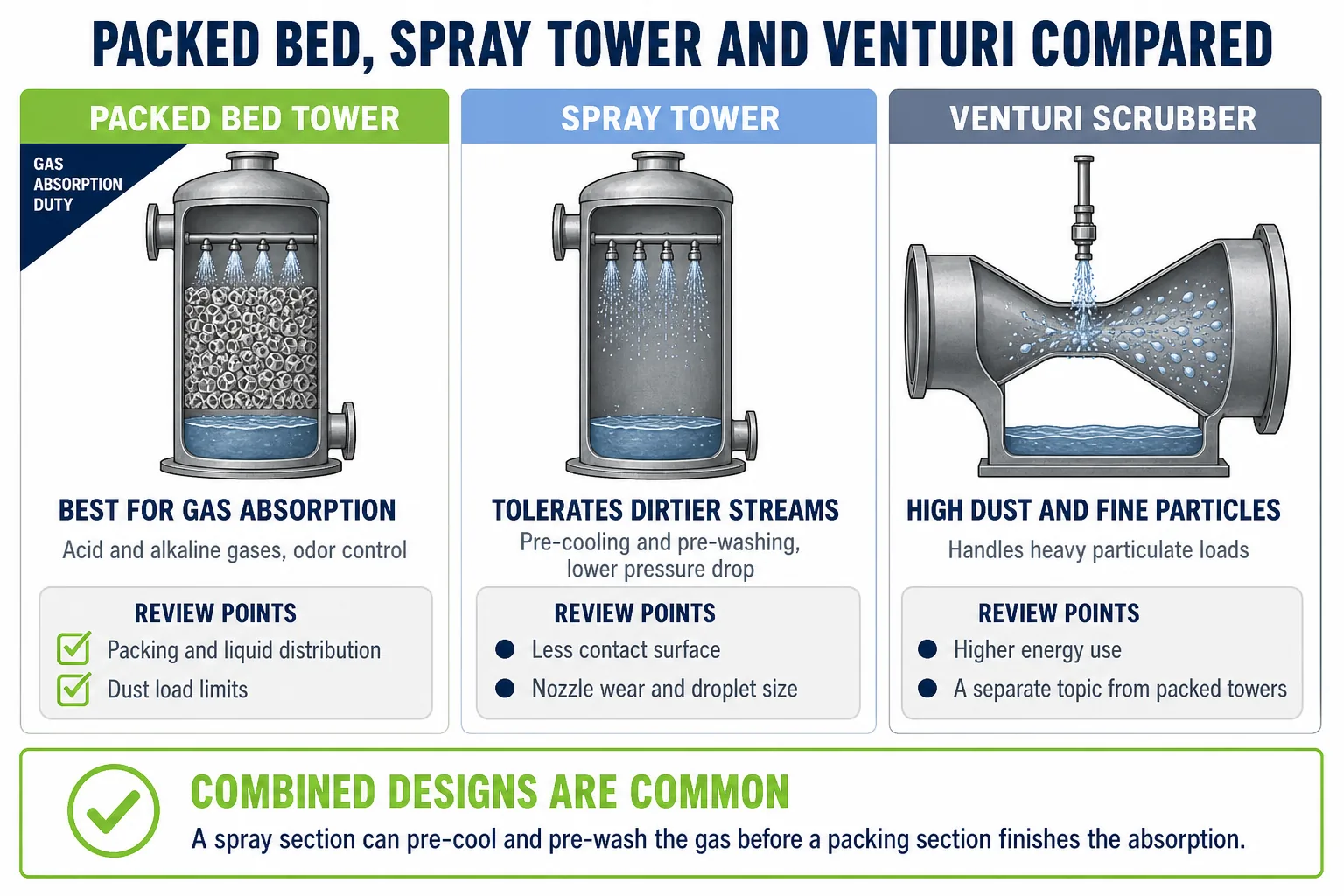 Packed bed scrubber compared with spray tower and venturi scrubber for gas absorption and dust load handling