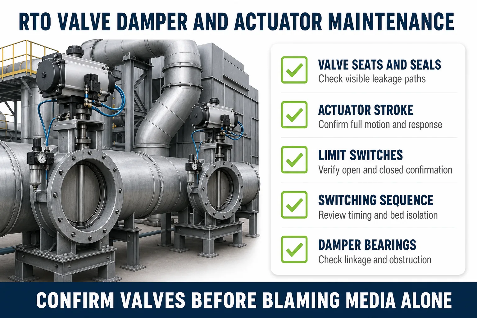 RTO valve damper and actuator maintenance checklist for sealing stroke limits and switching sequence