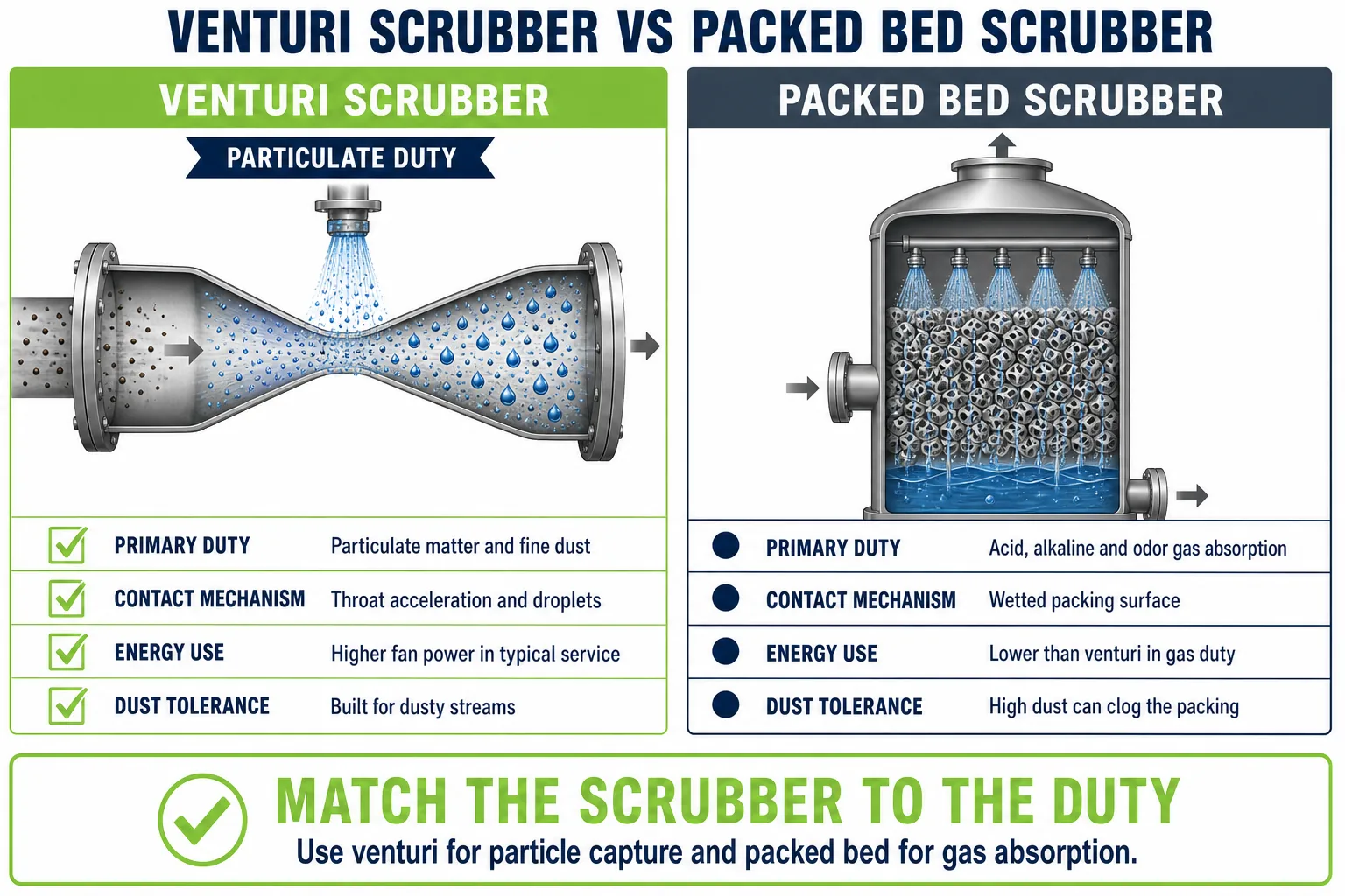 Venturi scrubber compared with packed bed scrubber for particulate capture gas absorption energy use and fouling tolerance