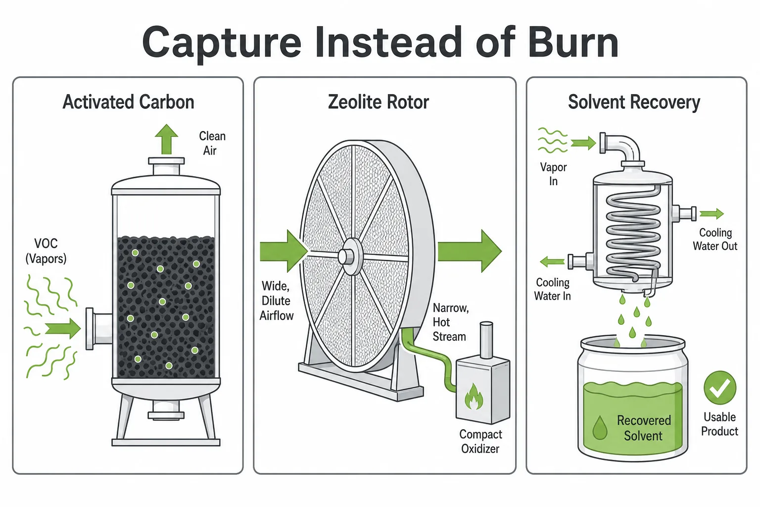 VOC adsorption concentration and recovery routes with activated carbon bed zeolite rotor concentrator and solvent recovery