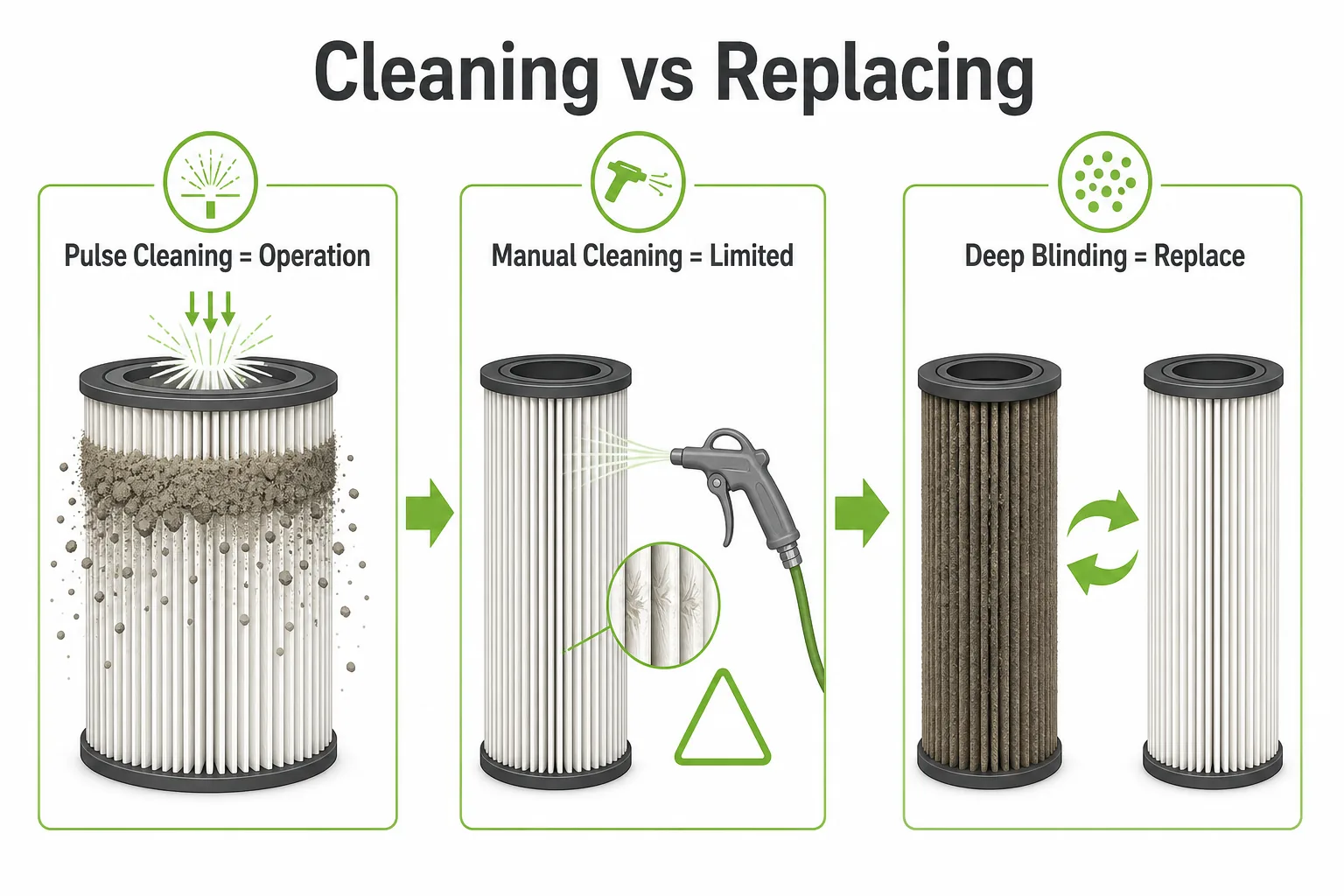 Cleaning versus replacing dust collector cartridge filters showing what pulse cleaning does and where manual cleaning reaches its limit