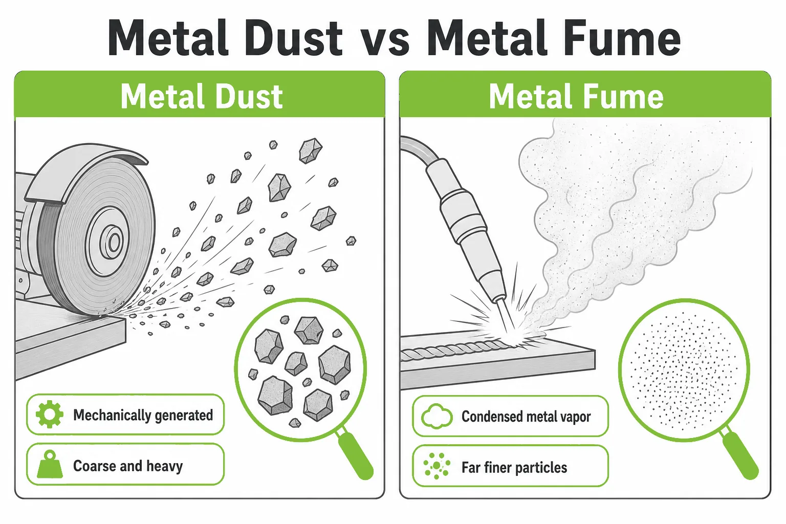 Metal dust versus metal fume comparison showing mechanical grinding particles and submicron welding fume