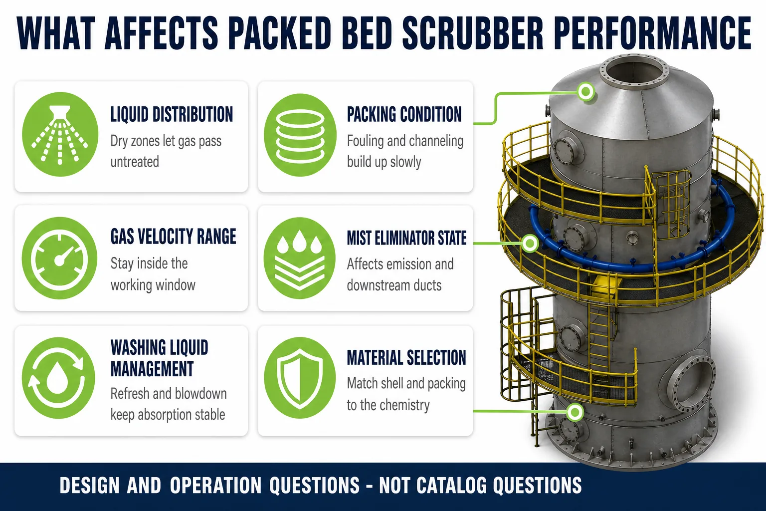 Packed bed scrubber performance factors including liquid distribution packing condition gas velocity and mist eliminator state