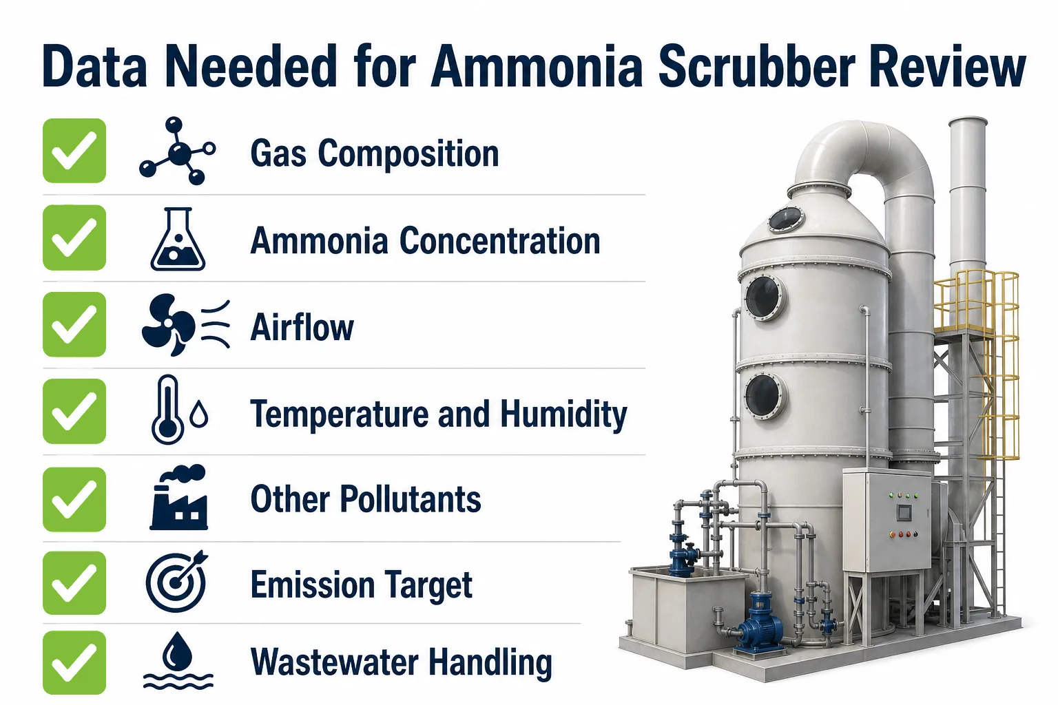 Data needed for ammonia scrubber review including gas composition concentration airflow temperature humidity and emission target