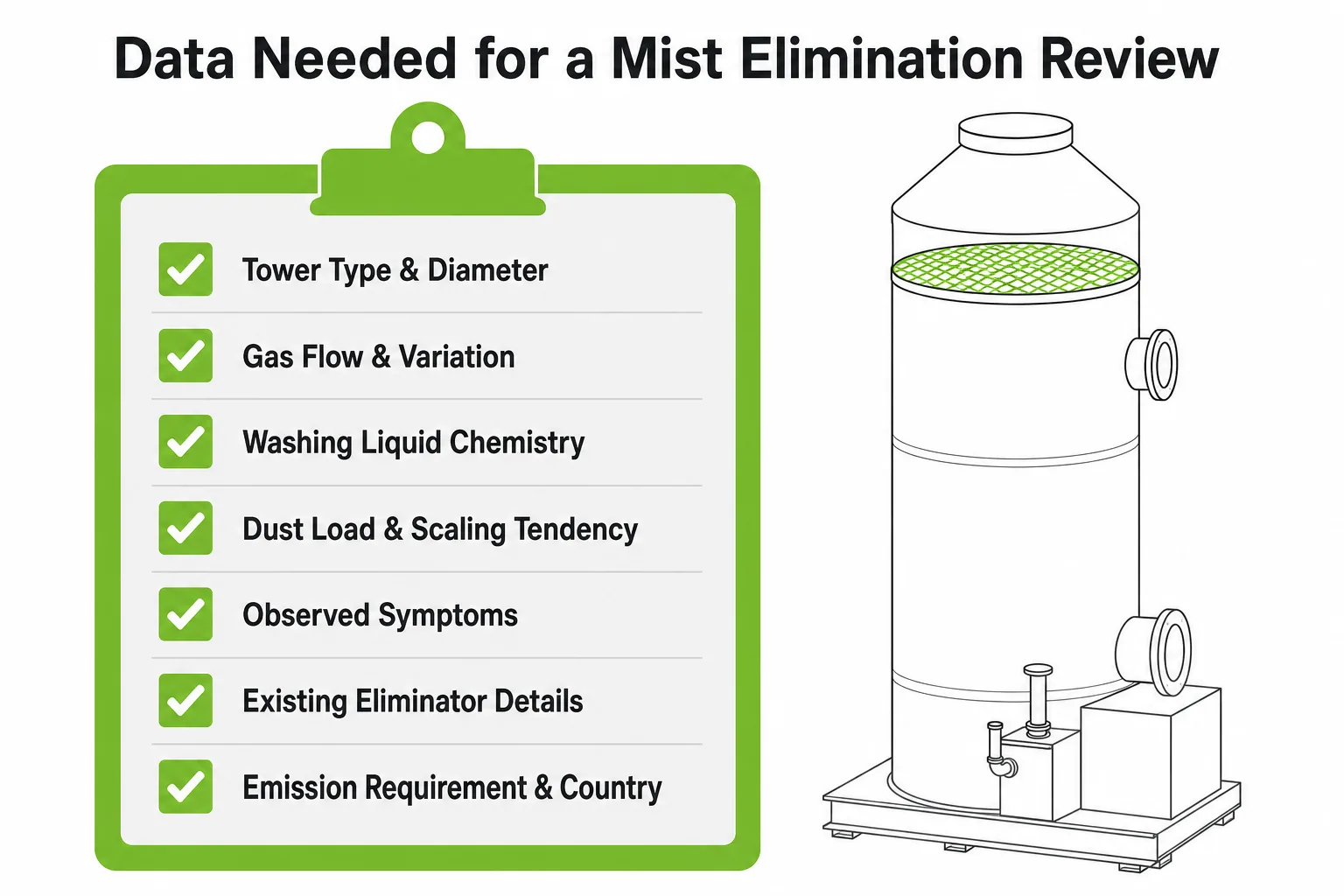 Data needed for mist elimination review including tower type gas flow washing liquid dust load and carryover symptoms